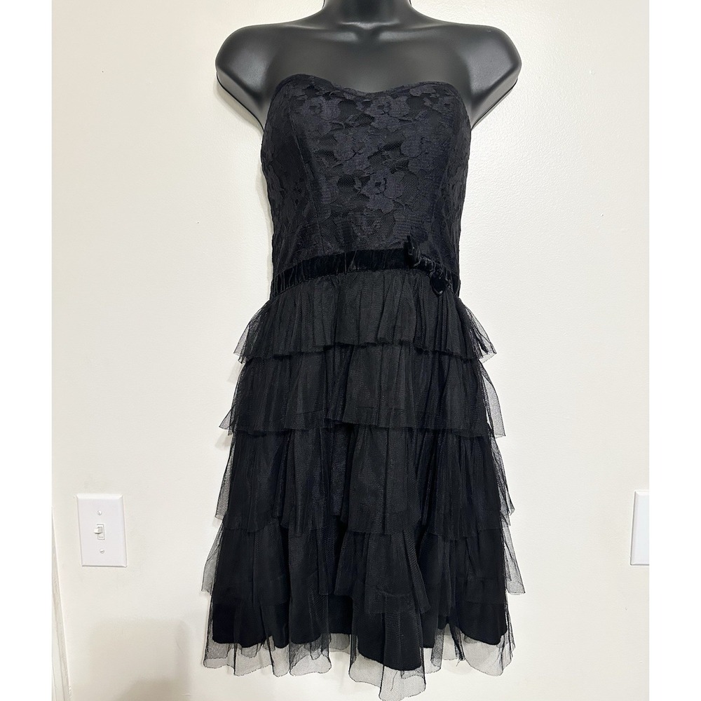 Y2K Vintage Strapless Mini Dress Medium Black Lace Goth Fairy‎ Grunge Whimsigoth